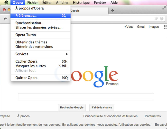 Ouvrir les Préférences d'Opera sous MAC