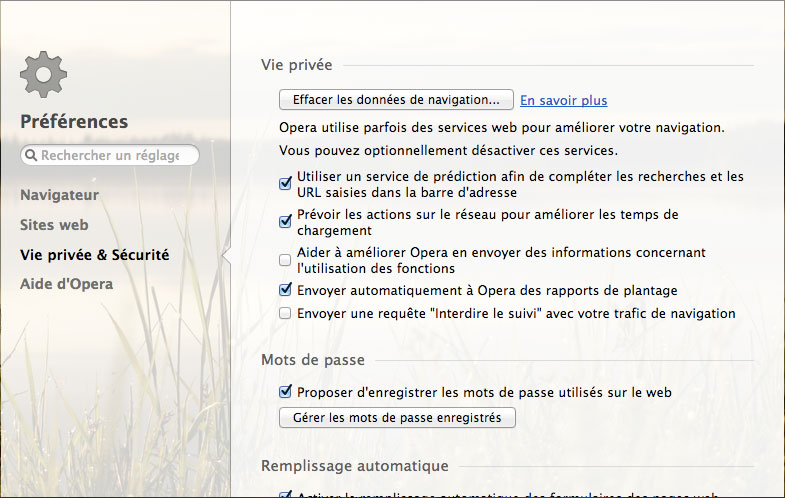 Vie privée et Sécurité des Préférences d’Opera sous MAC