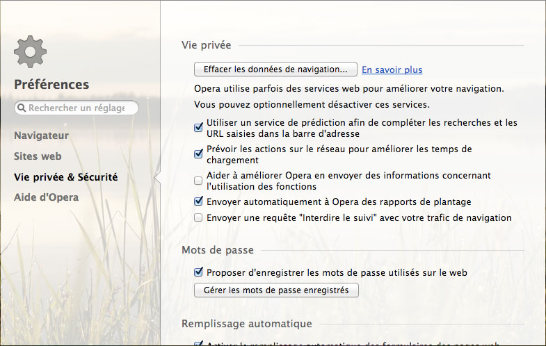 Vie privée et Sécurité des Préférences d'Opera sous MAC