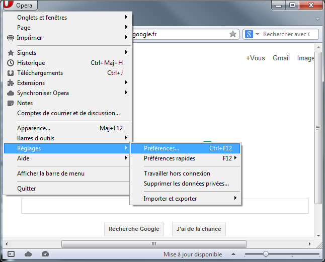 Ouvrir le menu Préférences d’Opera sous Windows