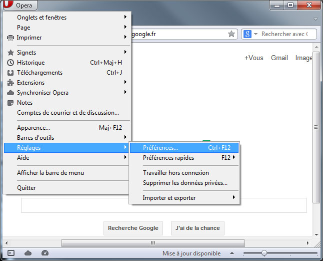 Ouvrir le menu Préférences d'Opera sous Windows