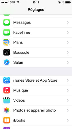 Choix Safari du menu principal de l’application Réglages de l’iPhone