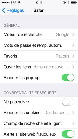 Panneau des Options de Safari sur iPhone