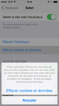 Confirmer la suppression des cookies et données de Safari sur iPhone