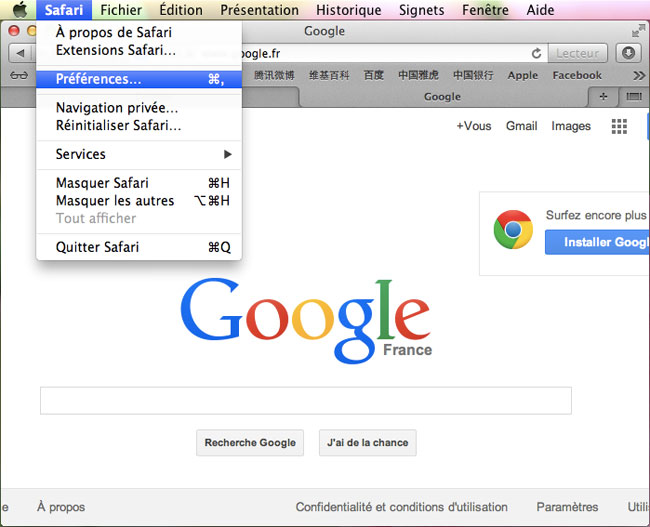 Ouvrir les Préférences de Safari sous MAC