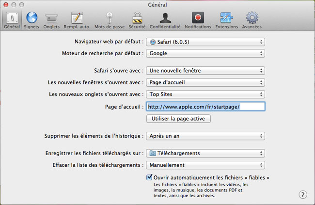 Onglet Général des Préférences de Safari sous MAC