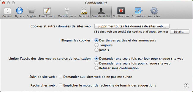 Onglet confidentialité des Préférences de Safari sous MAC