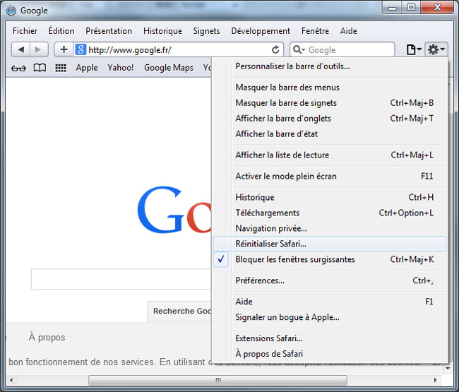 Ouvrir le menu Réinitialiser Safari sous Windows