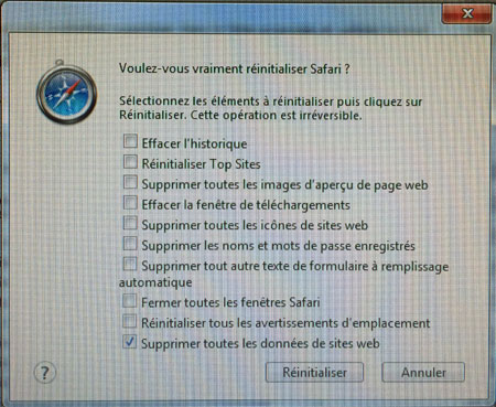 Réinitialiser les données de navigation de Safari sous Windows