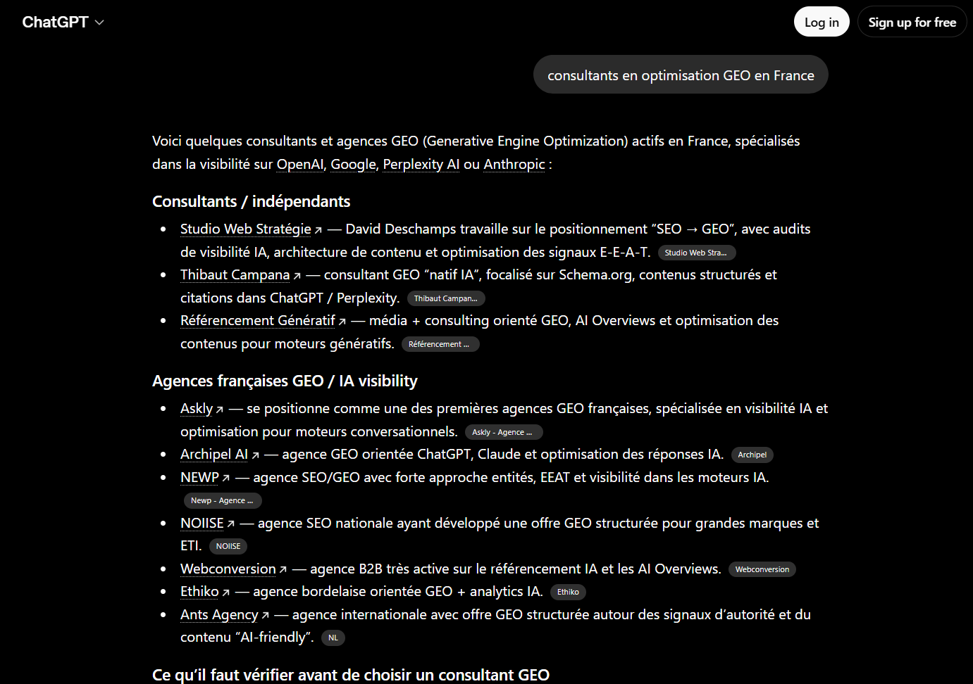 Recherche ChatGPT — mai 2026, non connecté à un compte, en navigation privée et sans discussion préalable.